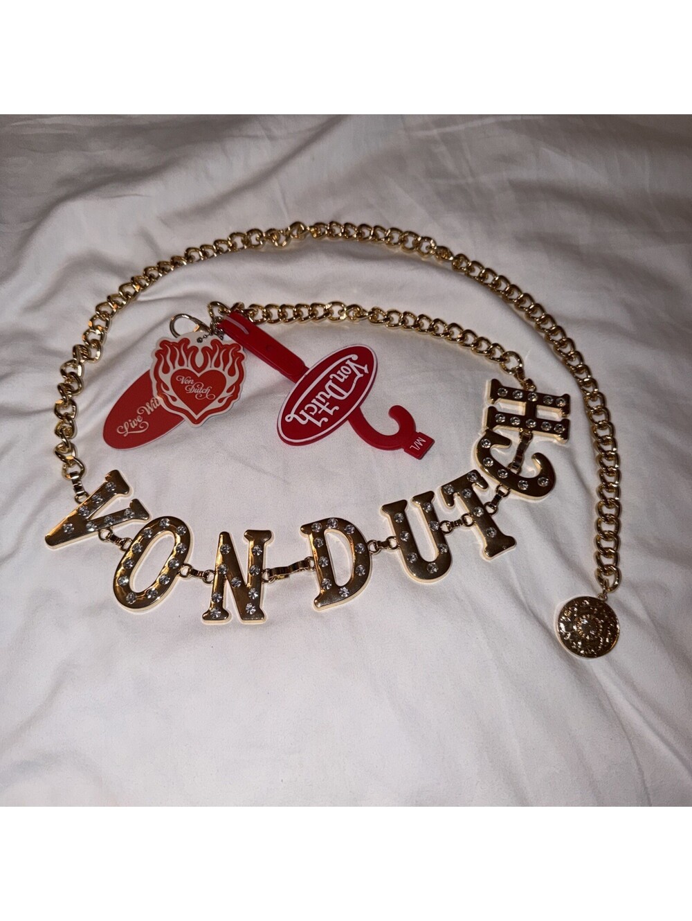 NWT Von Dutch Women’s Big Spellout Logo Rhinestone Chain Belt Gold Tone M/L